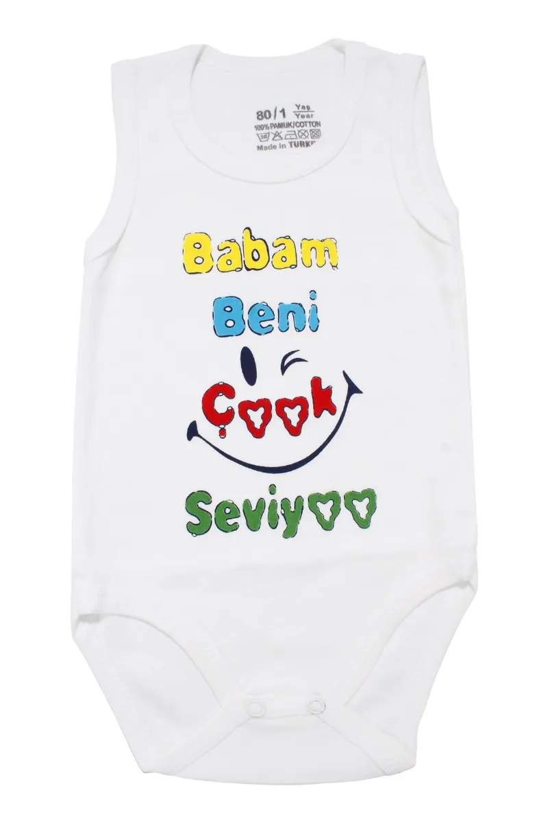 Unisex Beyaz Babam Beni Çok Seviyor Yazılı Askılı Zıbın