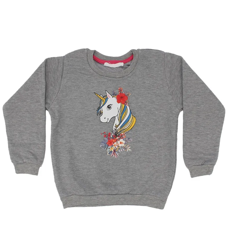 Kız Çocuk Gri Unicorn Desenli Tek Üst Sweat