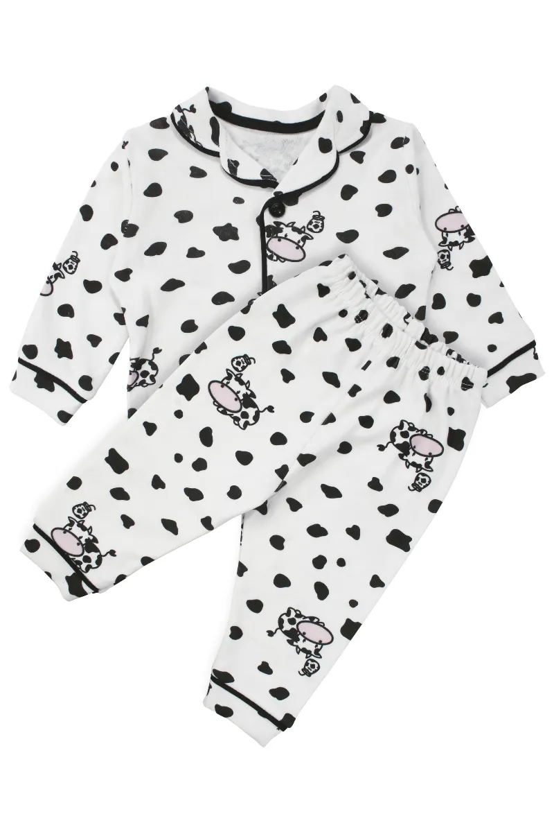 Unisex Ekru Siyah İnek Desenli Kruvaze Yaka Pijama Takımı