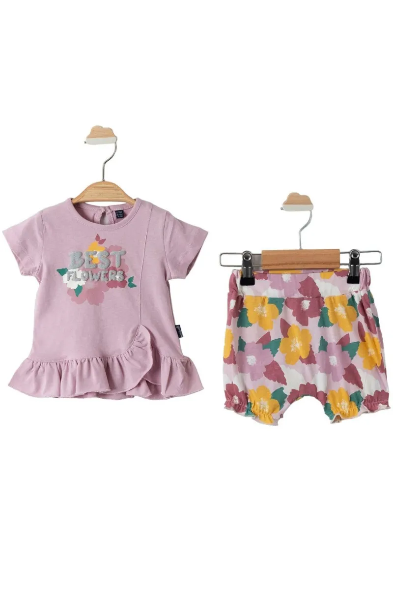 Kız Bebek Lila Best Flowers Baskılı Renkli Şortlu 2'li Takım