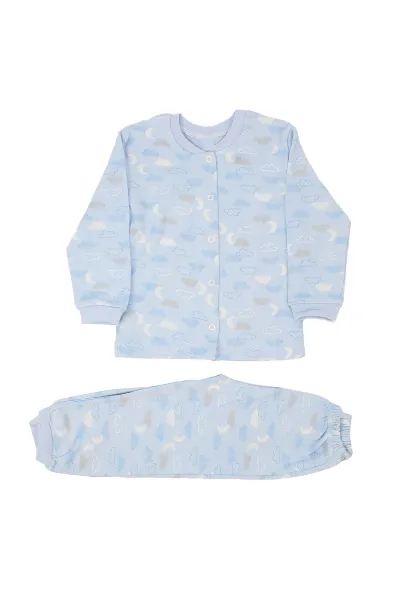 Erkek Çocuk Mavi Bulutlu Baskılı Çıtçıtlı 2'li Pijama Takımı