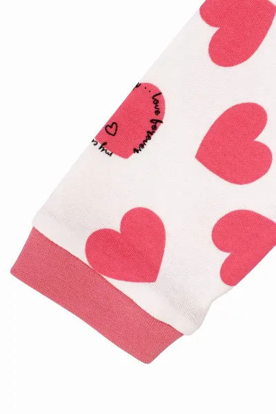 Kız Bebek Ekru Fuşya Kalp Desenli Pijama Takımı