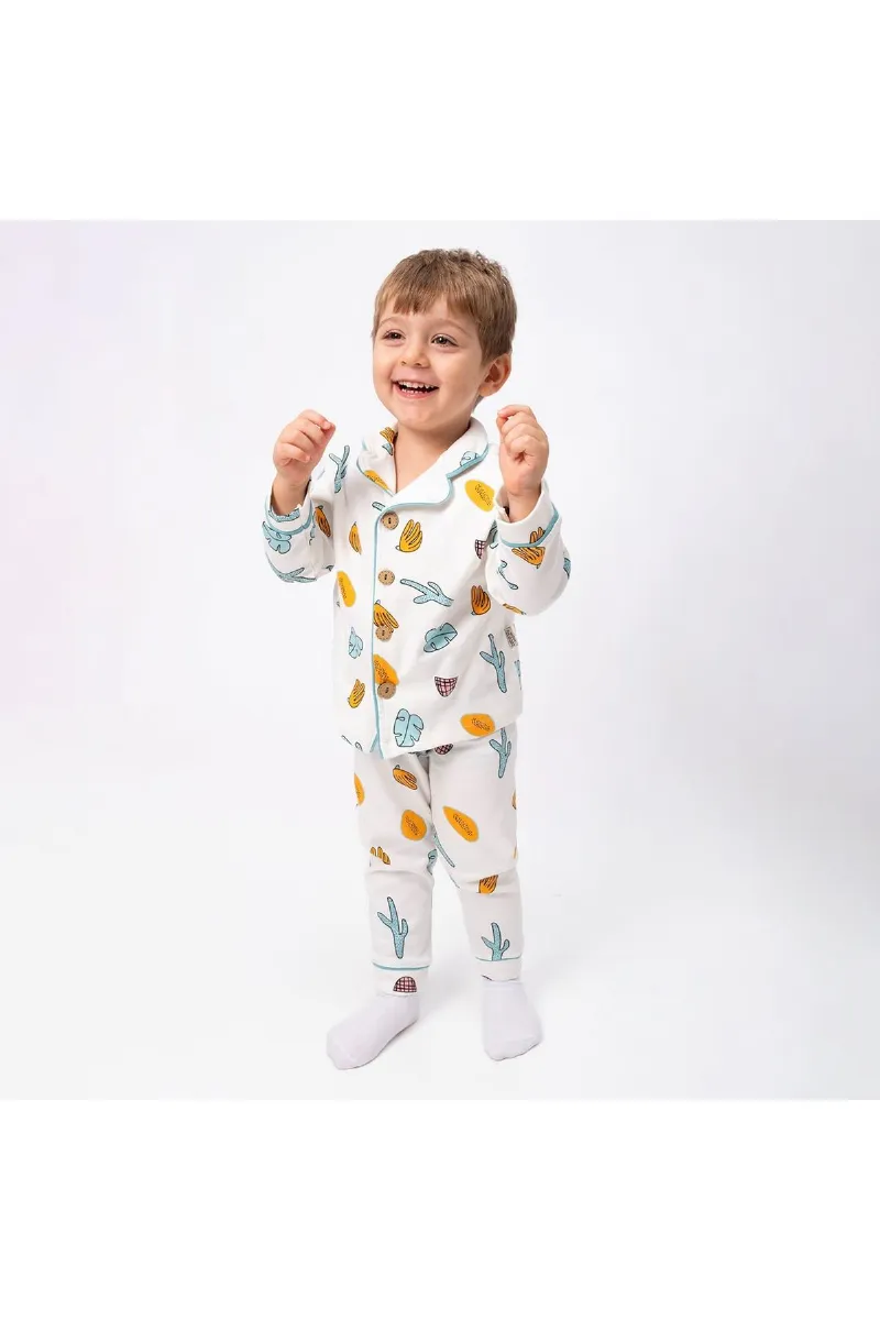 Ekru Yeşil Turuncu Yaprak Kaktüs Desenli Kruvaze Yaka Pijama Takımı