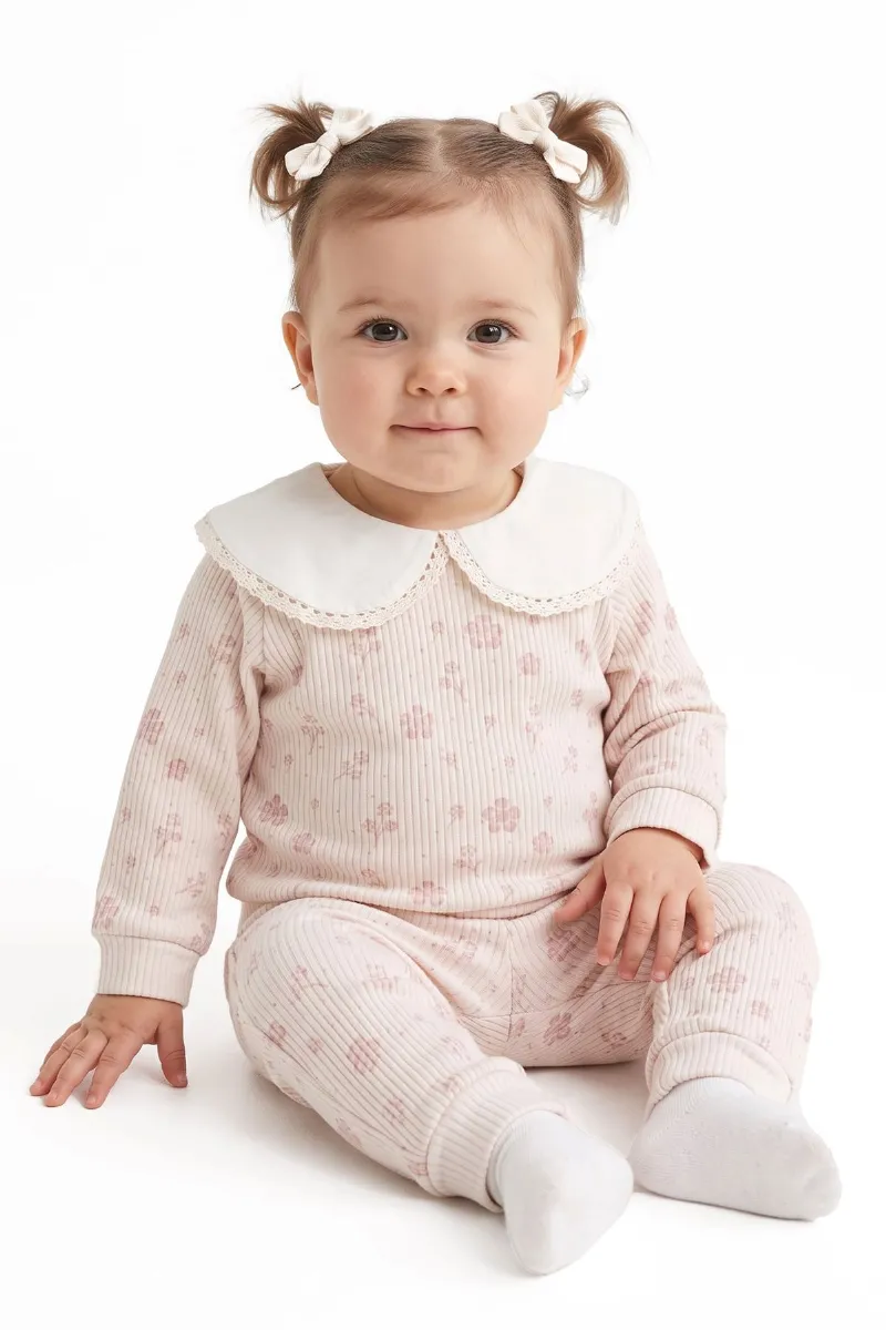 Kız Bebek Bej Pembe Fitilli Minik Çiçek Baskılı Fisto Yakalı 2'li Takım