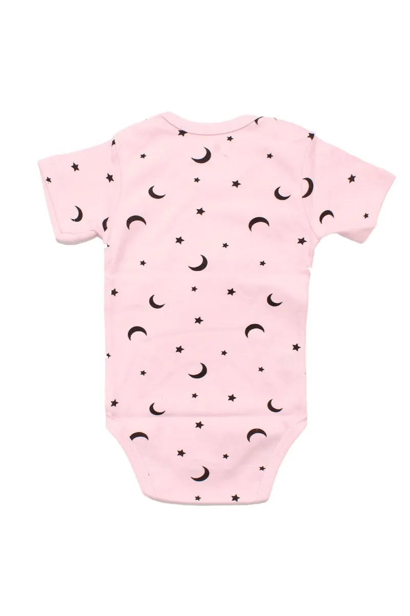 Unısex Pembe Siyah Ayyıldız Desenli Kısa Kollu Body Zıbın