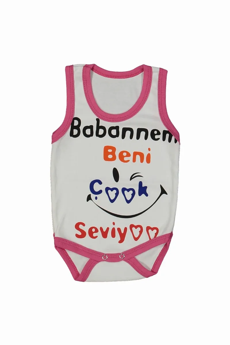 Kız Bebek Beyaz Fuşya Biyeli Babaannem Beni Seviyor Yazılı Askılı Zıbın