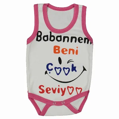 Kız Bebek Beyaz Fuşya Biyeli Babaannem Beni Seviyor Yazılı Askılı Zıbın