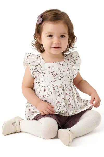 Kız Bebek Beyaz Mor Minik Çiçek Desenli Kolları Fırfırlı Müslin 2'li Takım