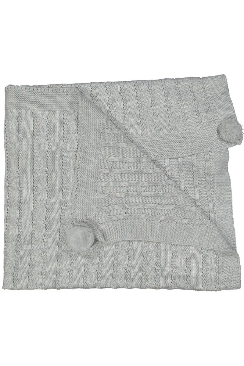 Unisex Bebek Gri Aralıklı Örgülü Desenli Ponponlu Triko Battaniye 80x90