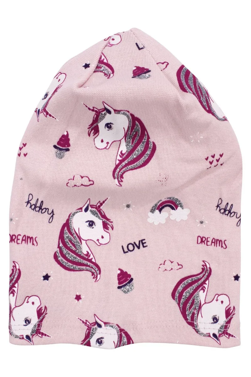 Kız Bebek Somon Gri Simli Pembe Unicorn Desenli Bere 0-6 Ay
