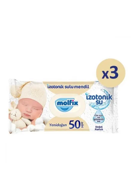 Molfix Yenidoğan İzotonik Sulu Doğal Pamuk Islak Havlu Mendil 3'Lü 150 Yaprak