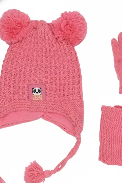 Kız Çocuk Koyu Pembe Panda Armalı Triko Atkı Bere Takımı