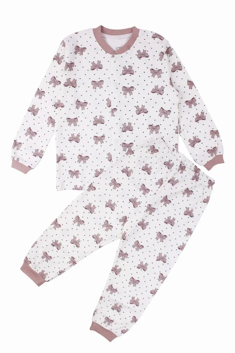 Kız Çocuk Ekru Gül Kurusu Fiyonk Baskılı Çıtçıtlı Pijama
