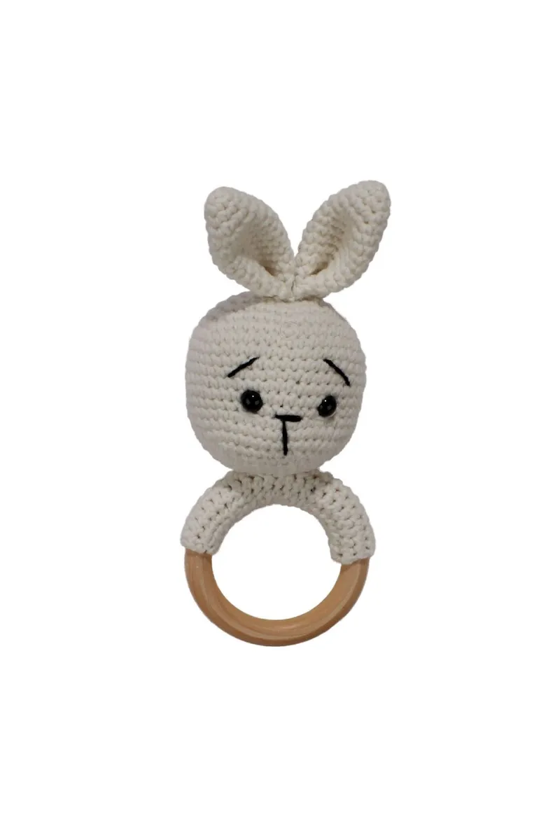 Amigurumi Sevimli Ekru Tavşan Diş Kaşıyıcı Çıngıraklı Organik Oyuncak