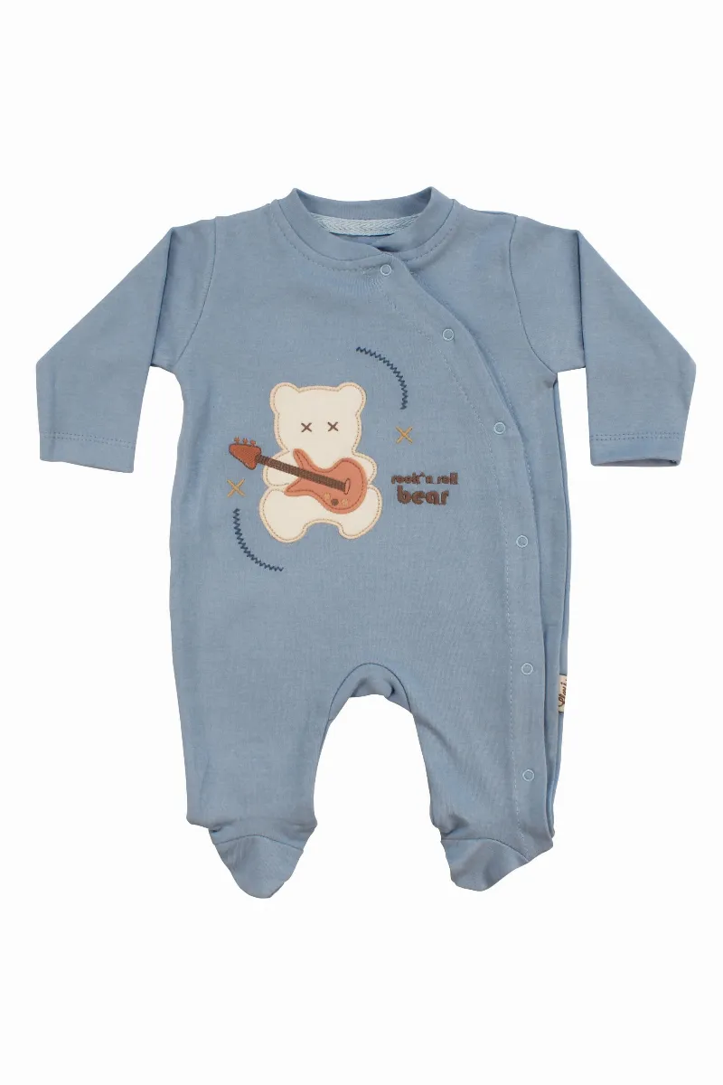 Erkek Bebek Mavi Gitarlı Ayıcık Desenli Çıtçıtlı Patikli Tulum