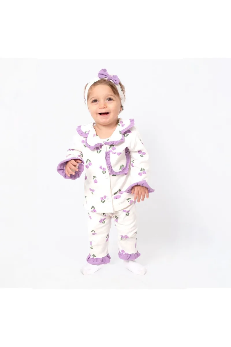 Kız Çocuk Ekru Mor Lale Desenli Fırfırlı Bandanalı Pijama Takımı