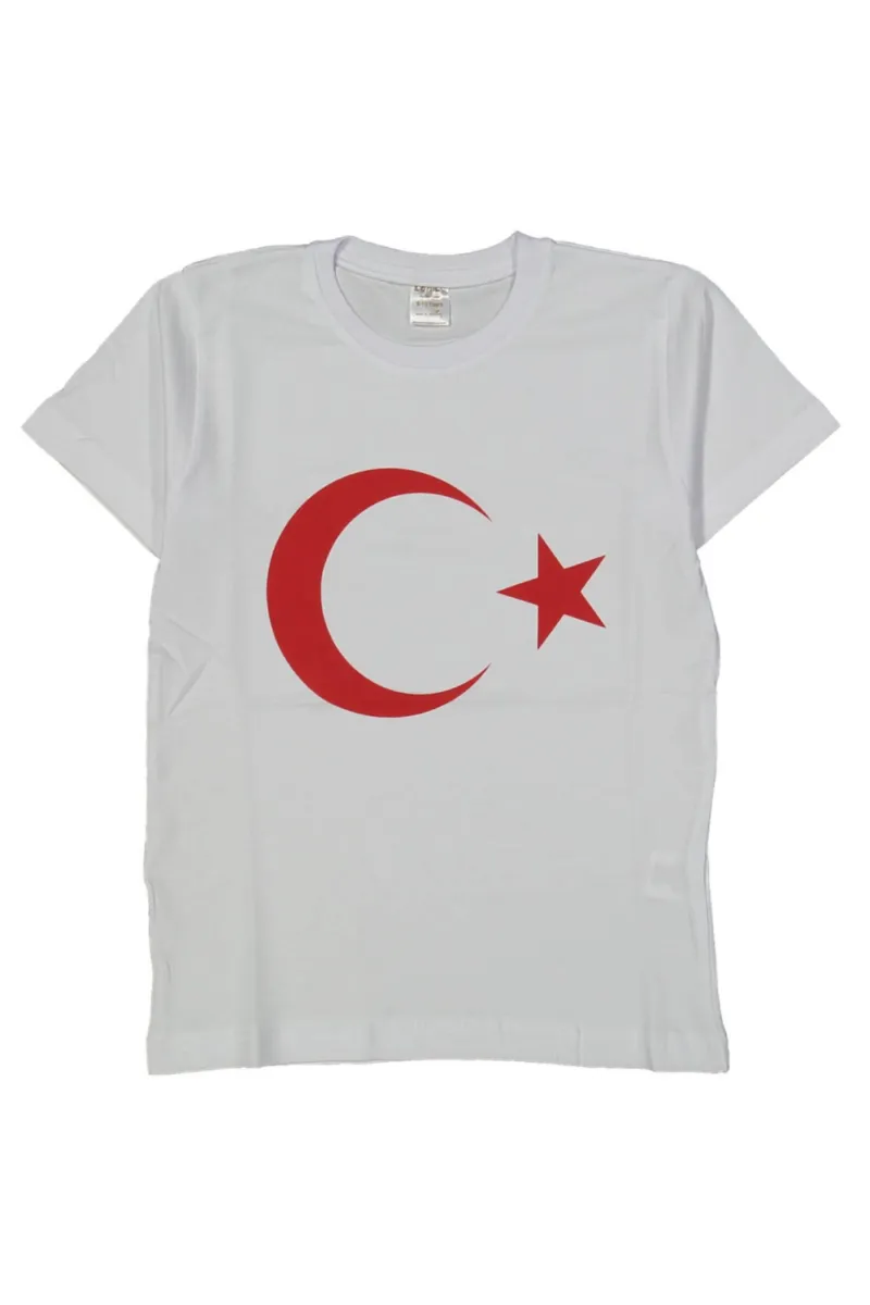 Unisex Beyaz Kırmızı Ay Yıldız Kısa Kollu Bayrak Tişört