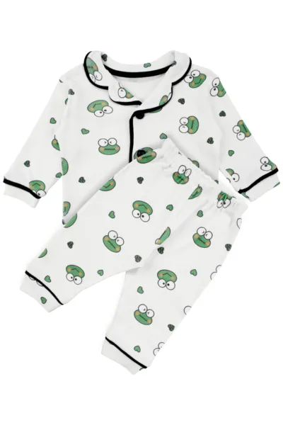 Unisex Ekru Yeşil Kurbağa Desenli Kruvaze Yaka Pijama Takımı