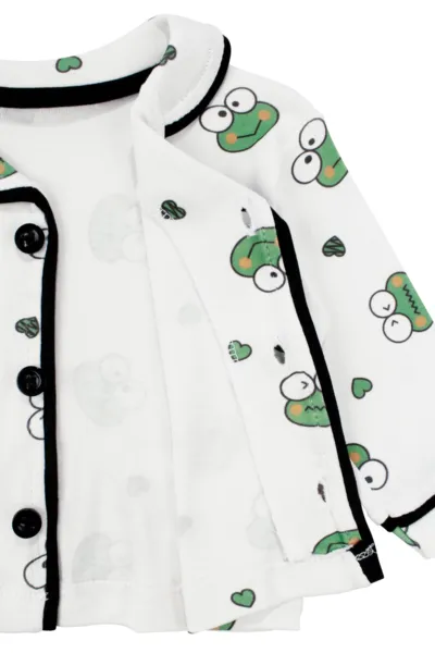 Unisex Ekru Yeşil Kurbağa Desenli Kruvaze Yaka Pijama Takımı
