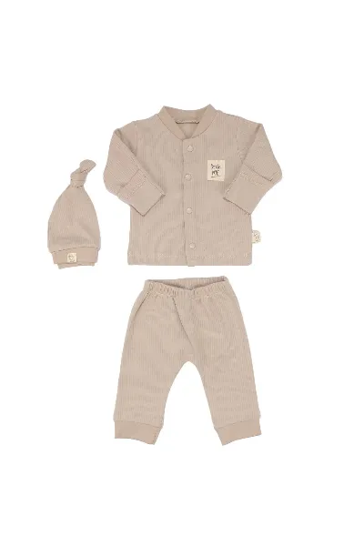 Unisex Bej Fitilli Düğümlü Bereli Little me Kendinden Eldivenli 3'lü Takım