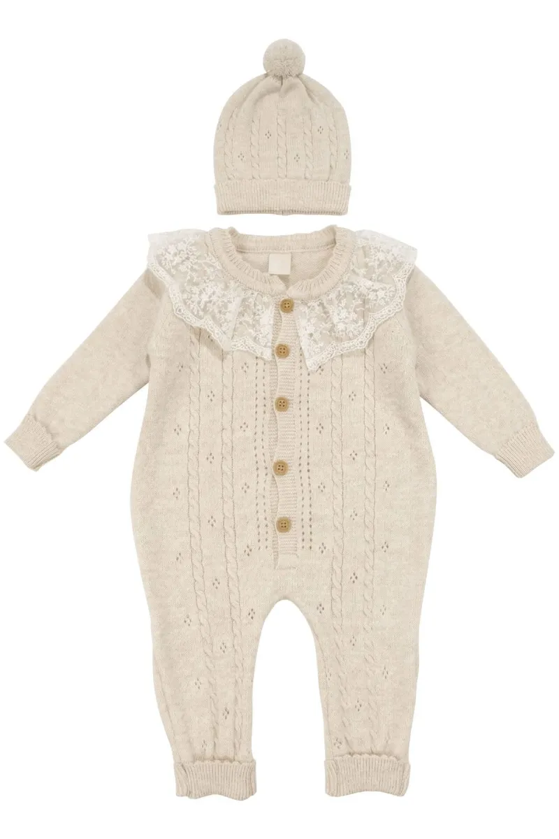 Kız Bebek Bej Fistolu Yakalı Bereli Triko Lüks Tulum