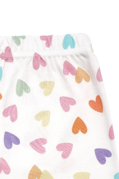 Kız Çocuk Ekru Pembe Renkli Kalpli Desenli Çıtçıtlı Pijama Takımı