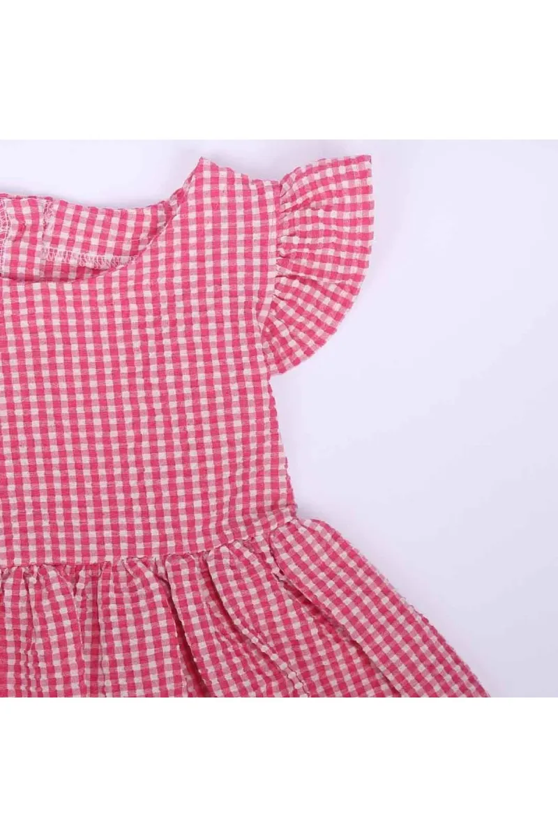 Kız Çocuk Pembe Pitikare Gofre Fırfırlı Elbise