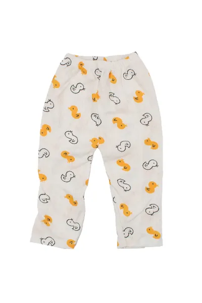 Unisex Ekru Sarı Ördekli Çıtçıtlı Pijama Takımı