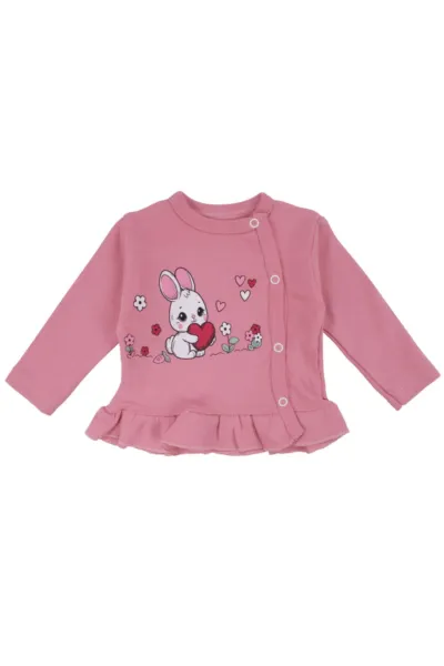 Kız Bebek Pembe Tavşan Baskılı Fırfırlı Patikli Pijama Takımı 0-3 Ay