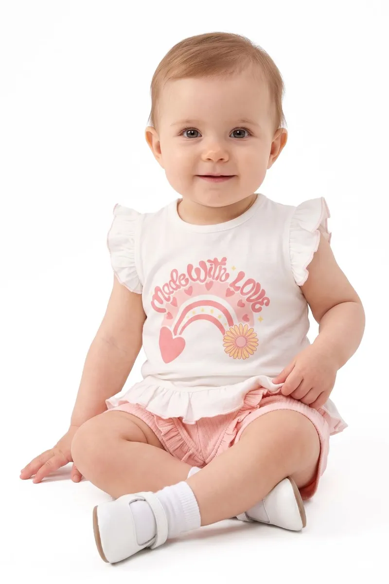 Kız Bebek Ekru Somon Gökkuşağı Fırfırlı Şortlu 2'li Takım
