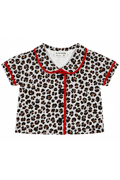Kız Bebek Kahve Kırmızı Biyeli Leopar Desenli Şortlu Pijama Takım
