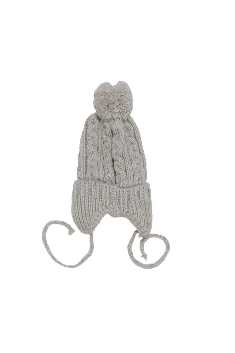 Unisex Gri Triko Tek Kulaklı İpli Bere 0-1 Yaş