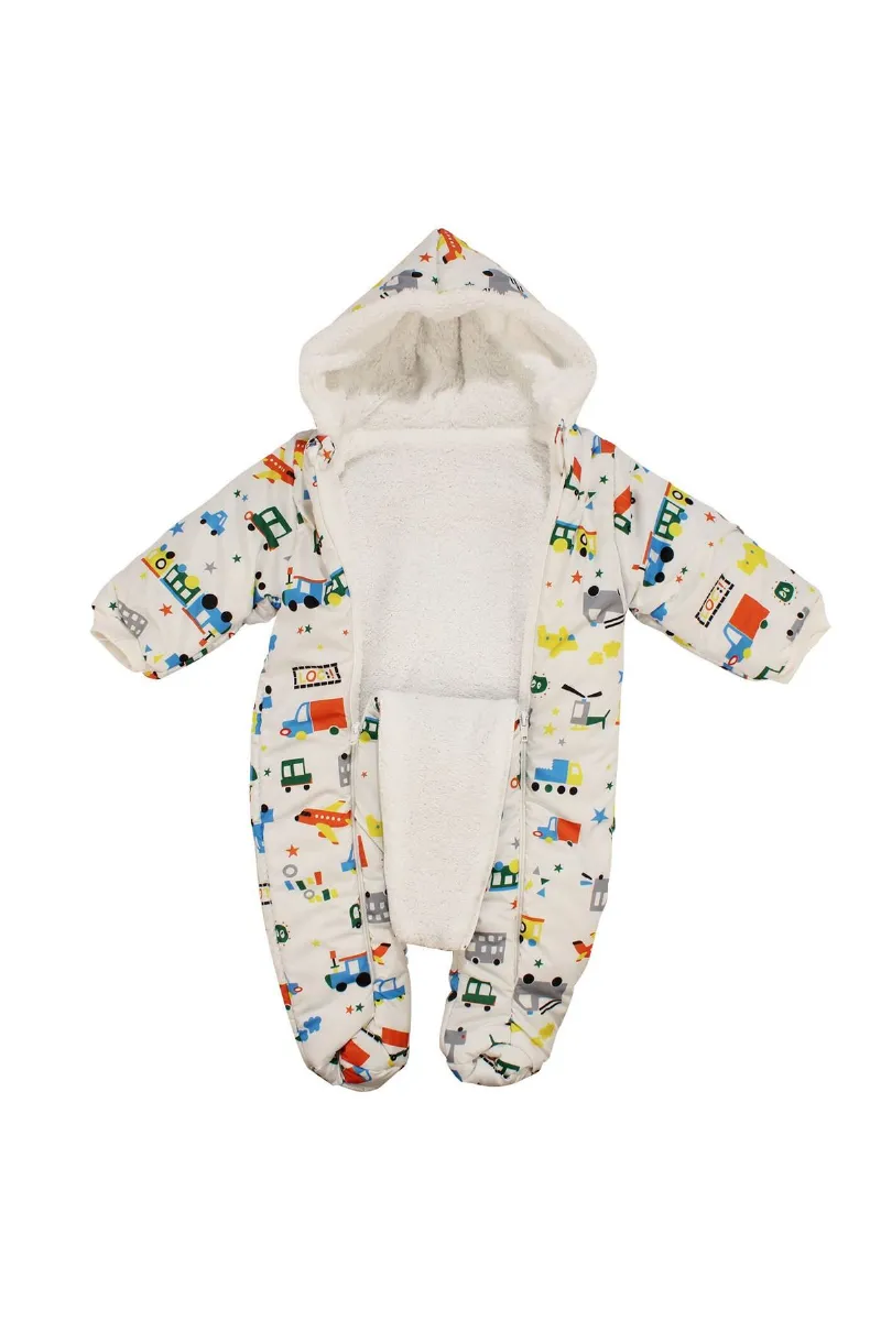 Erkek Bebek Beyaz Renkli Araba Uçak Desenli Çift Fermuarlı İçi Peluş Patikli Kozmnot
