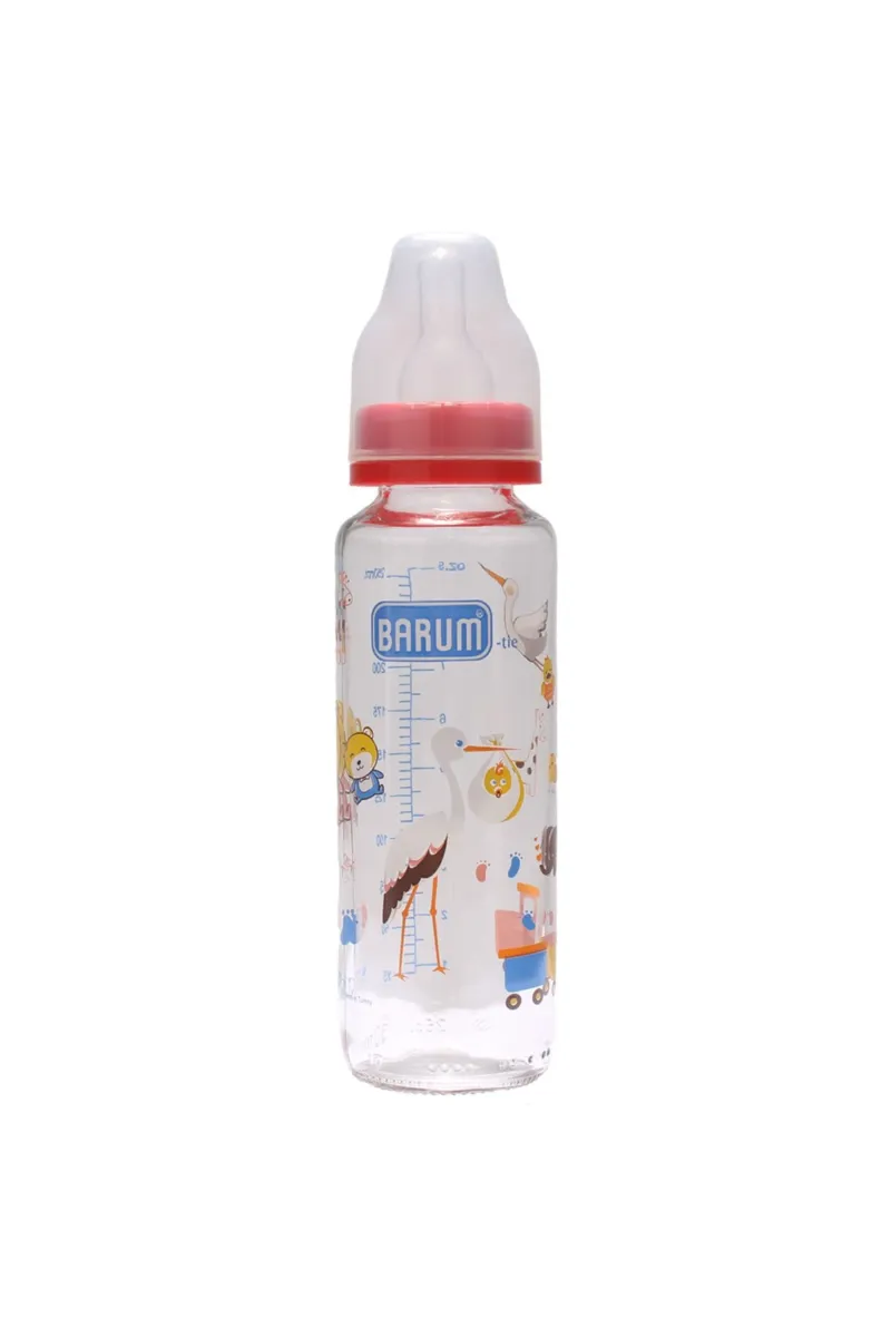 Barum Cam Leylekli Teren Desenli Bebek Biberon Kırmızı 250 ml