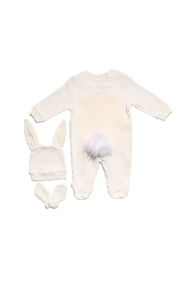 Unisex Ekru Sarı Göbekli Bereli Eldivenli Pomponlu Tavşan Tulum