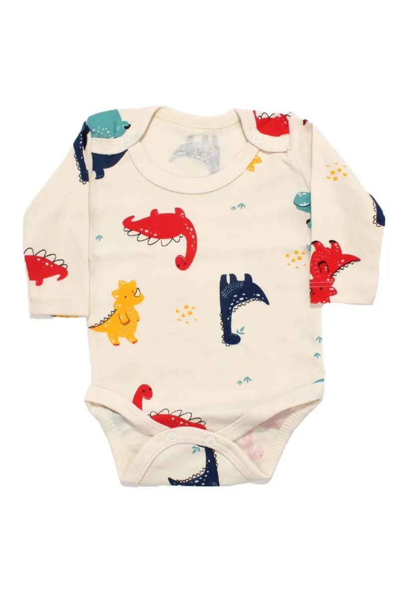 Erkek Bebek Bej Renkli Dino Baskılı Uzun Kollu Zıbın