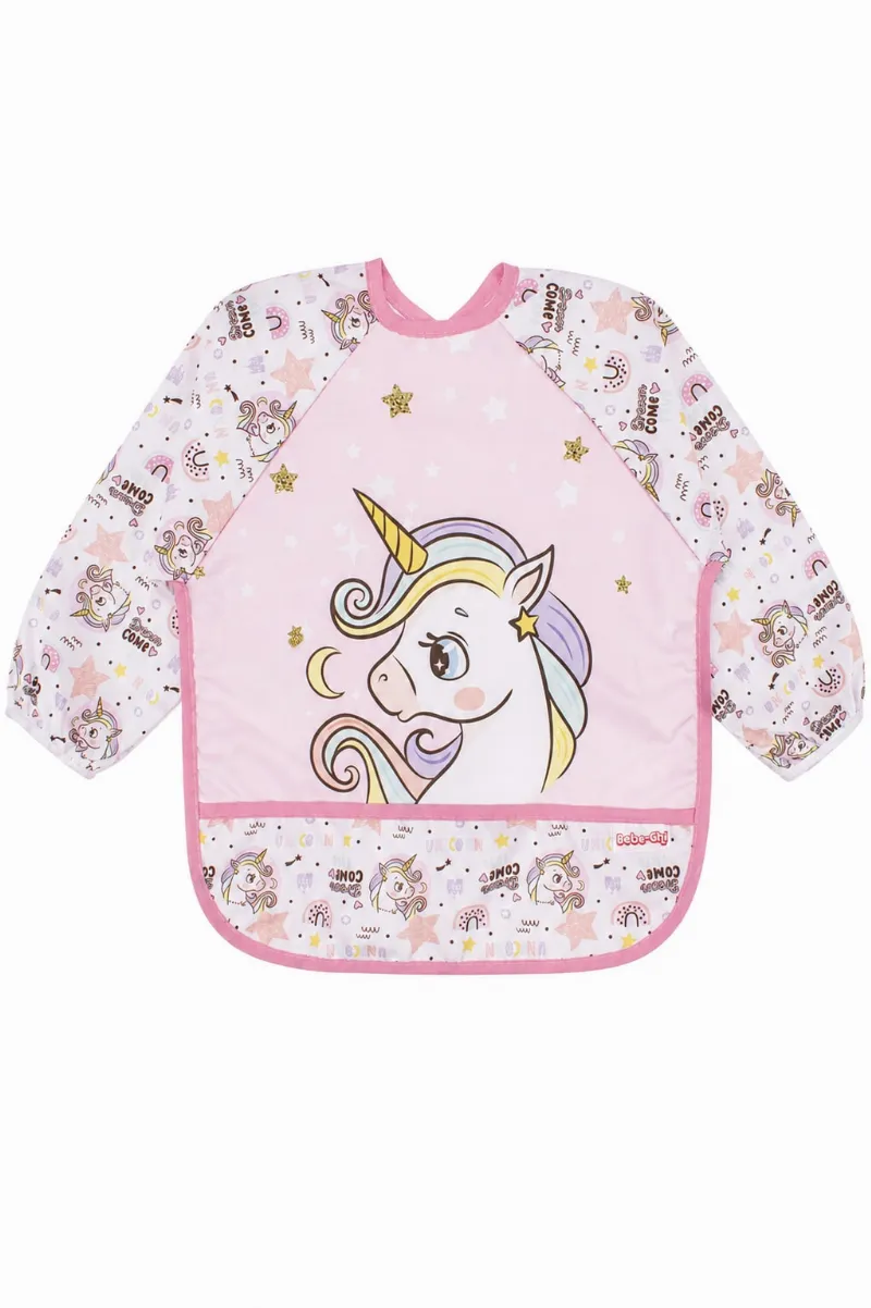 Kız Çocuk Pembe Unicorn Desenli Uzun Kollu Önlük
