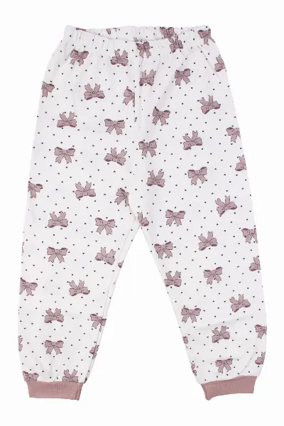 Kız Çocuk Ekru Gül Kurusu Fiyonk Baskılı Çıtçıtlı Pijama