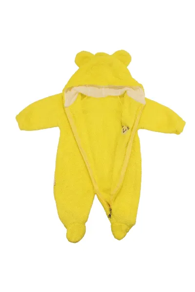 Unisex Sarı Peluş Ayı Nakışlı Patikli Kapşonlu Tulum