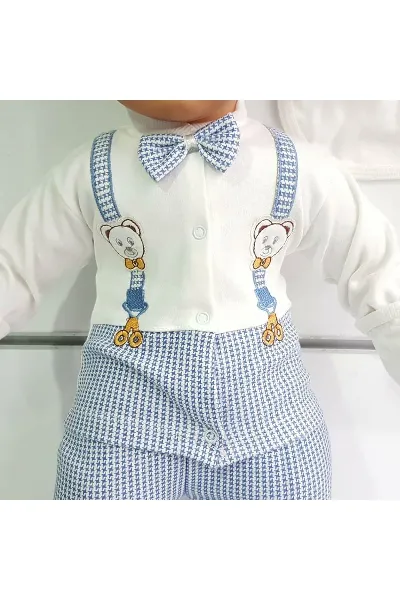 Ayıcık Askılı Papyonlu 5'li Erkek Bebek Hastane Çıkış Seti - Mavi
