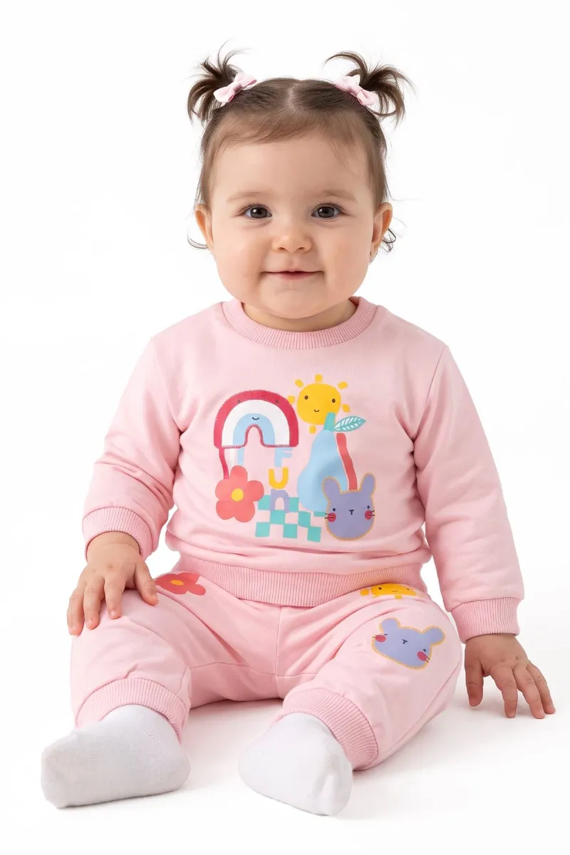Kız Bebek Pembe Renkli Gökkuşağı Güneş Baskılı 2'li Takım
