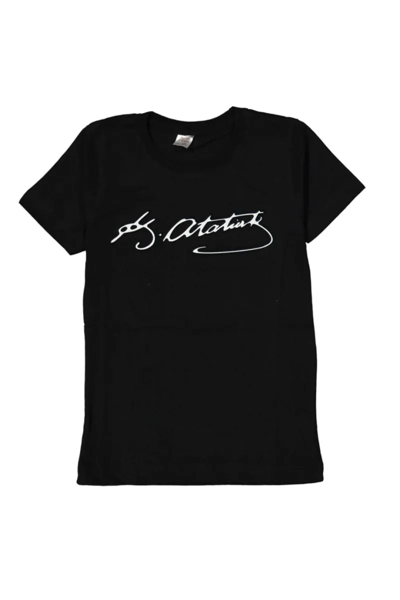 Unisex Siyah Beyaz K. Atatürk Kabartmalı İmzalı Kısa Kol Tişört