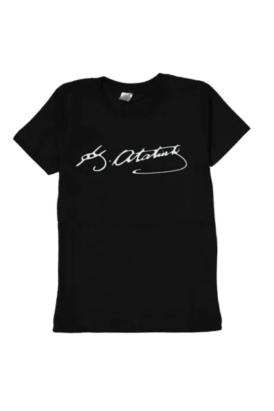 Unisex Siyah Beyaz K. Atatürk Kabartmalı İmzalı Kısa Kol Tişört