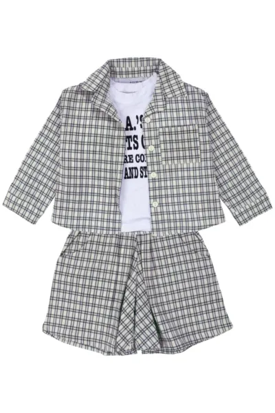Unisex Ekru Siyah Ekoseli Gömlekli Şortlu 3'lü Takım