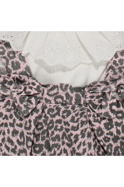 Kız Çocuk Beyaz Pembe Leopar Desenli Fiyonklu Kot Salopet Jile Elbise