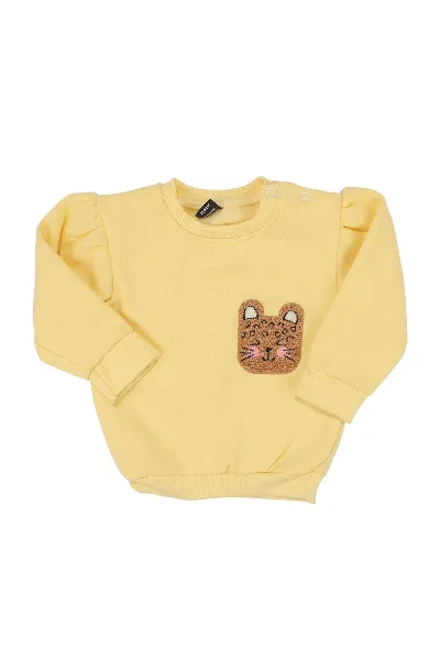Sarı Kahve Kedi Nakışlı Leopar Desenli 3 İp 2'li Kız Bebek Takım