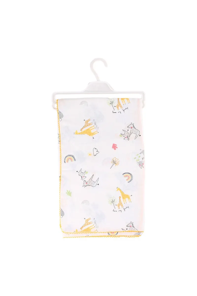Unisex Bebek Ekru Sarı Yeşil Biyeli Hayvanlı Desenli Müslin Battaniye 80x90