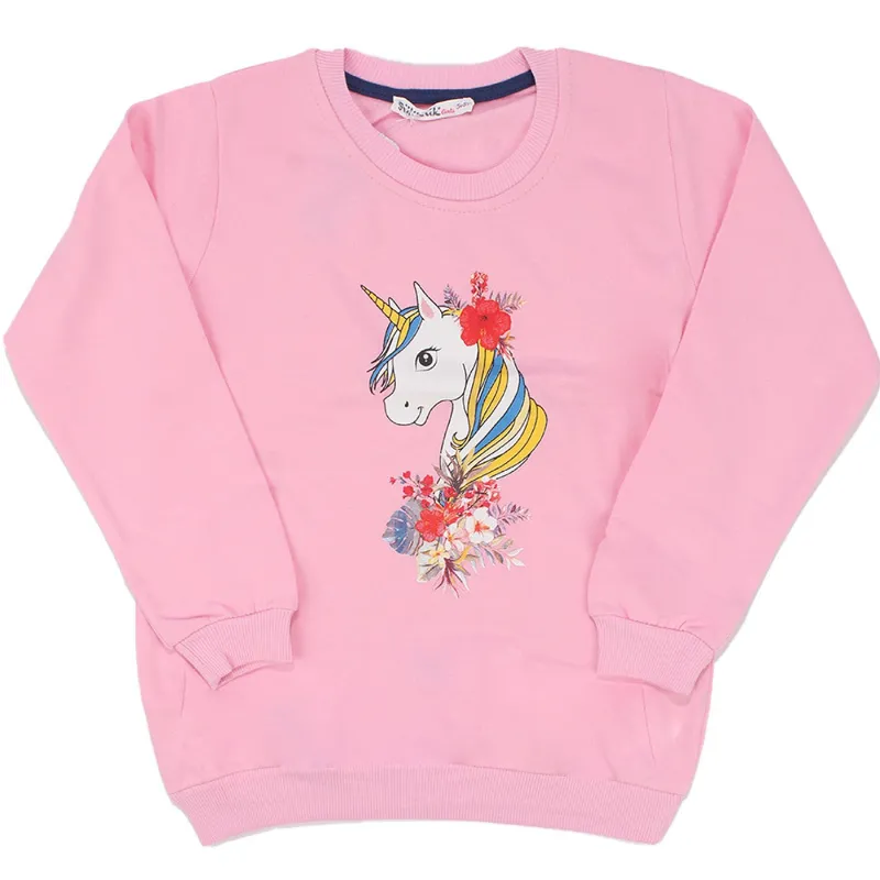 Kız Çocuk Pembe Çiçekli Unicorn Baskılı Tek Üst Sweat