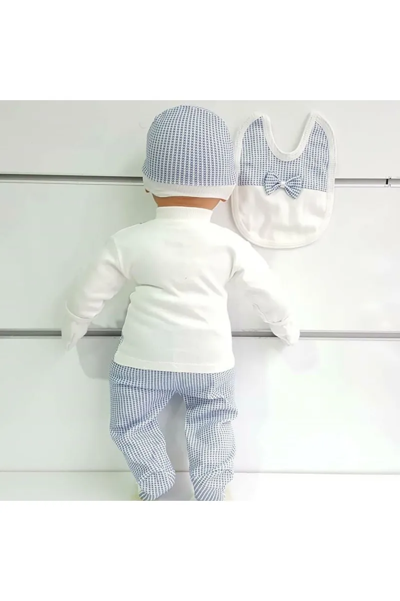 Ayıcık Askılı Papyonlu 5'li Erkek Bebek Hastane Çıkış Seti - Mavi