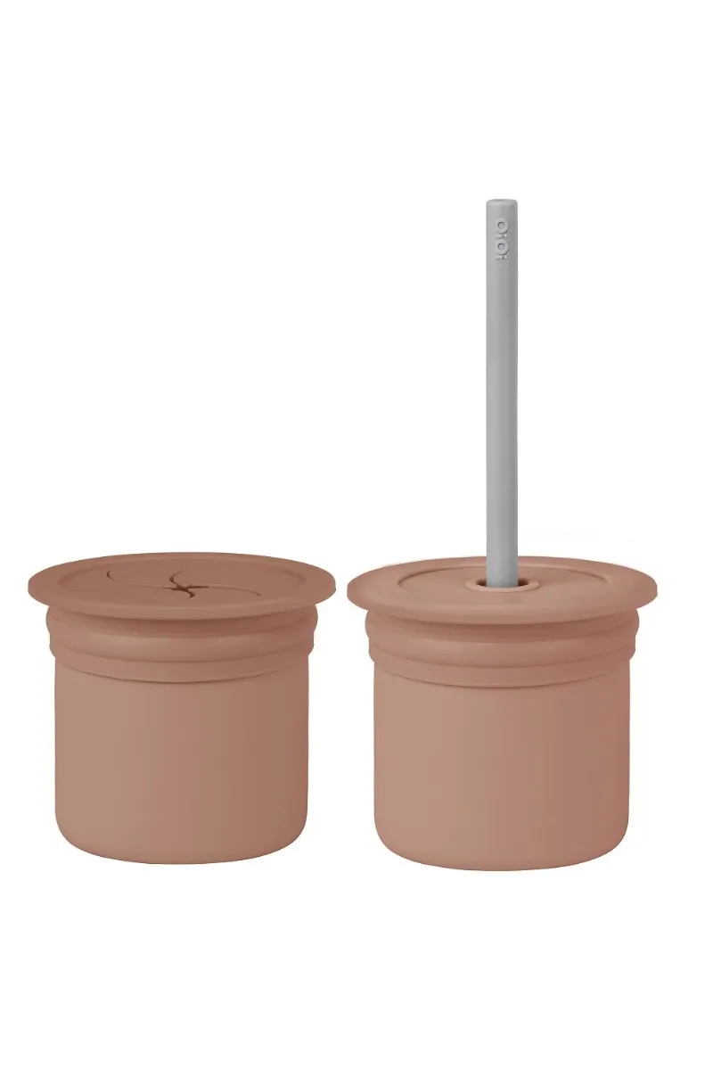 OiOi Ham+Hüp Pipetli Silikon Bardak Seti Woody Brown / Powder Grey